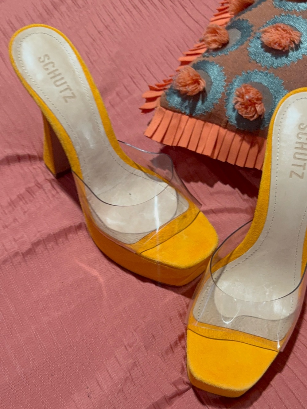 SCHUTZ Yellow Suede Clear Strap Platform Sandals - Picture 2 of 4